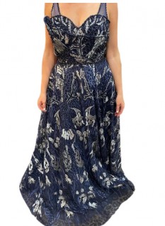 Mambo Couture Navy Beaded And Lace Applique Ballgown