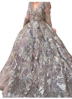 Mambo Couture Taupe Long Sleeve Embroidered Ballgown