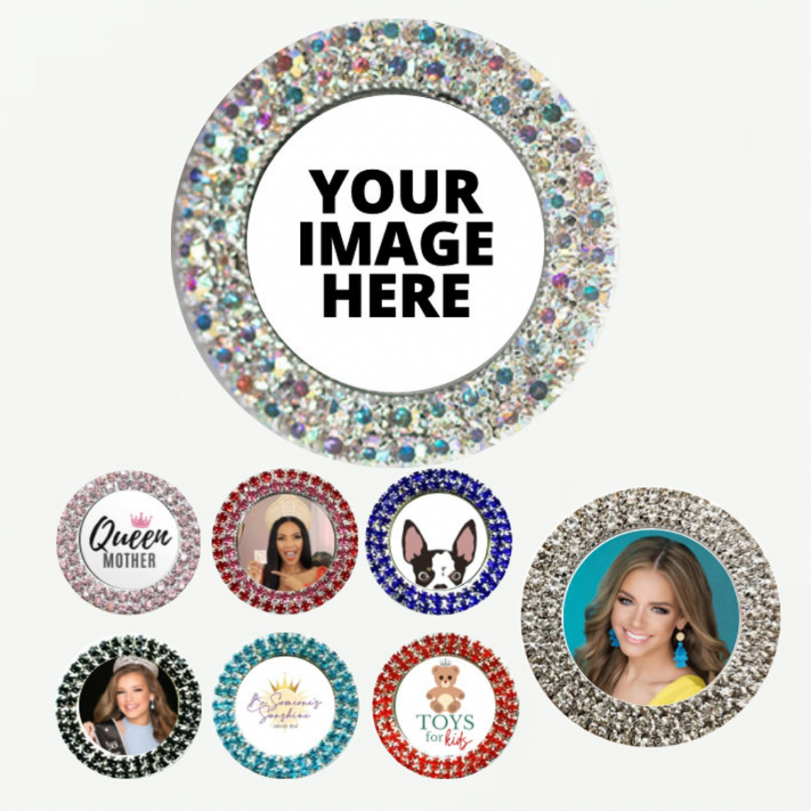 Double Row Custom Rhinestone Bling Magnet: Pageant Sports Photo Rhinestone Bottle Cap Name Tag Button Pin Magnet