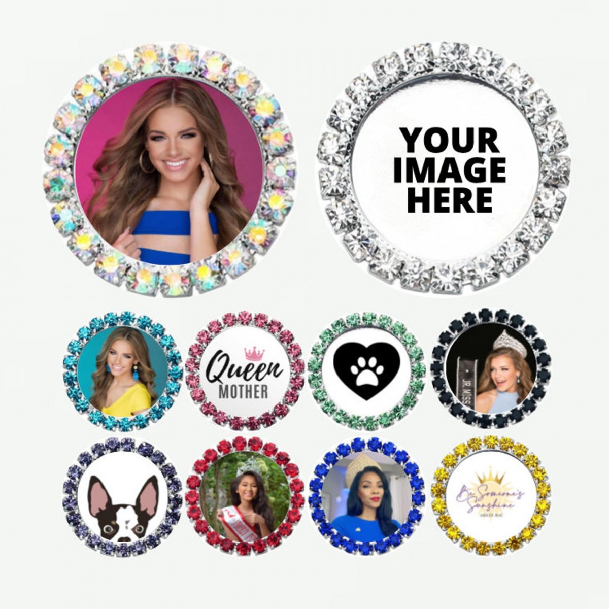 Single Row Custom Rhinestone Bling Magnet: Pageant Sports Photo Rhinestone Bottle Cap Name Tag Cameo Button Pin Magnet