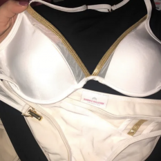 White & Gold Trim Pageant Swimsuit by Kandice Pelletier