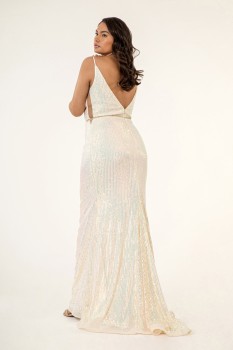 Champagne Sequin Mermaid Gown with Illusion Cape by Elizabeth K