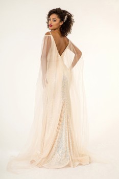 Champagne Sequin Mermaid Gown with Illusion Cape by Elizabeth K