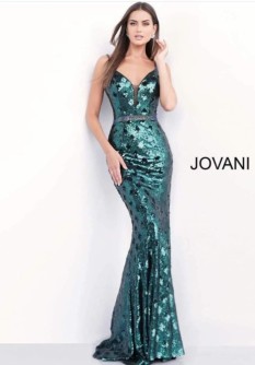  New With Tags, Floor Length Green Sequinced Gown, JOVONI
