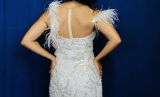 White Sequins and Feather Evening Gown