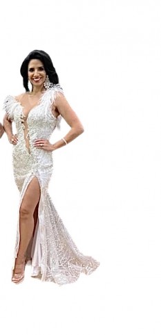 White Sequins and Feather Evening Gown