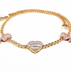  10K 3-Tone Diamond Cuban Link Chain With Heart/Rose Necklace
