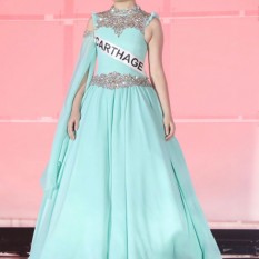 Girls Size 10 Aqua Gown With Rhinestone Beading And Detatchable Cape Sleeves
