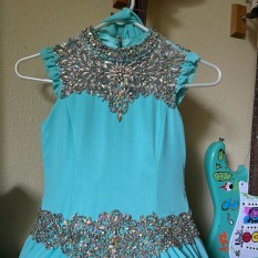  Girls Size 10 Aqua Gown With Rhinestone Beading And Detatchable Cape Sleeves