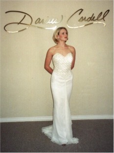  Darius Cordell strapless white crystal beaded evening gown