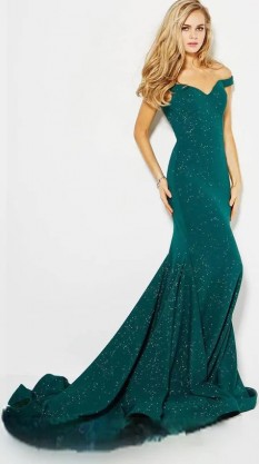 Jovani - 55187 Off-Shoulder Glittered Mermaid Gown
