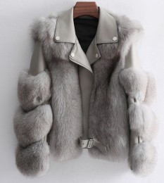  Grey Faux Fur Vegan Leather winter Jacket