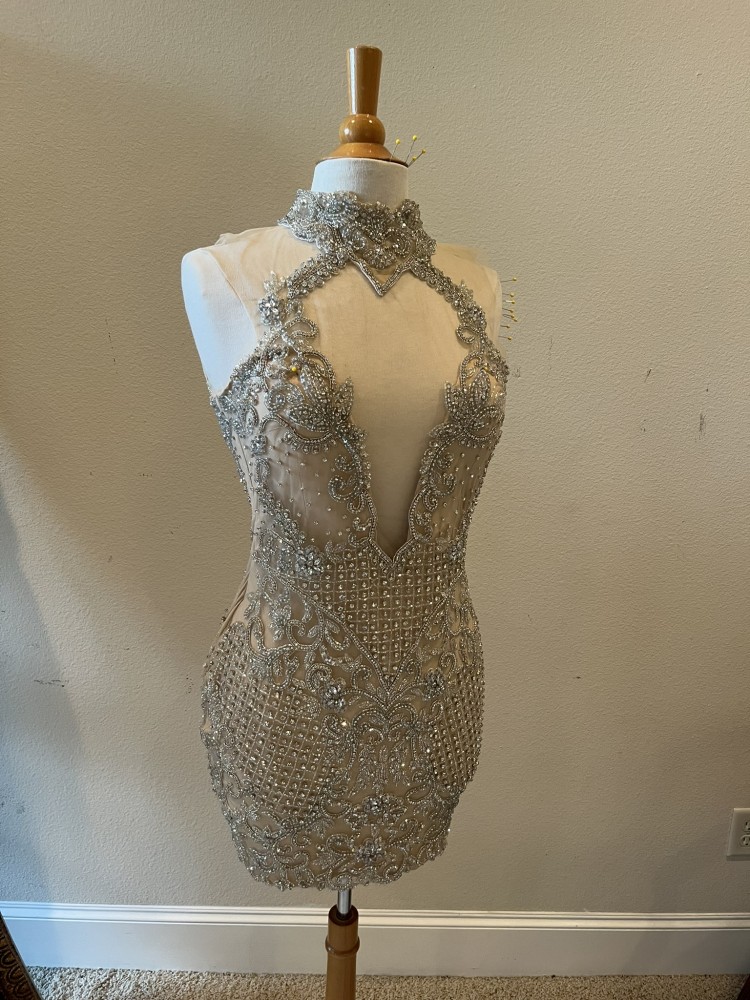 DARIUS CORDELL - halter collar cocktail dress with rhinestones & crystal beading