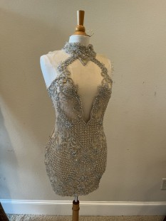  DARIUS CORDELL - halter collar cocktail dress with rhinestones & crystal beading